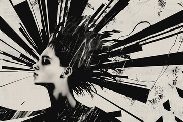 Depression or mental illness artistic, black and white illustration of a person with a striking, explosive-like hairstyle, set against a background of sharp, contrasting abstract patterns