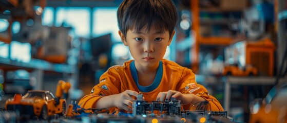 A group of Asian teenagers are doing a robotics project at home using computers and coding. They're learning about robotics programming and STEM concept education. - obrazy, fototapety, plakaty