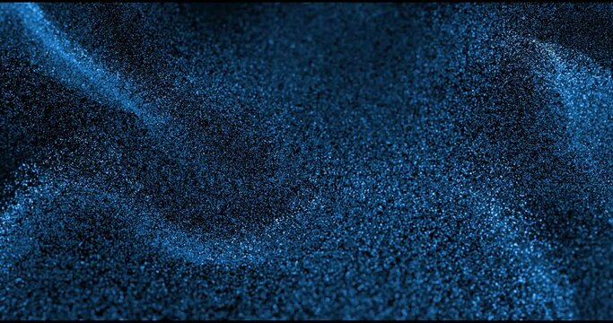 Particles flowing in a smooth, wave-like motion, creating a mesmerizing and undulating deep blue DOF background. 3D render