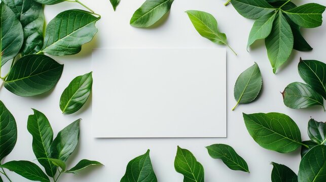In this flat lay, there are several green leaves with a blank paper. This is a summer frame concept.