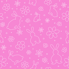 Cute Easter background in hand drawn style. Design of a seamless texture with rabbits and flowers. Vector illustration