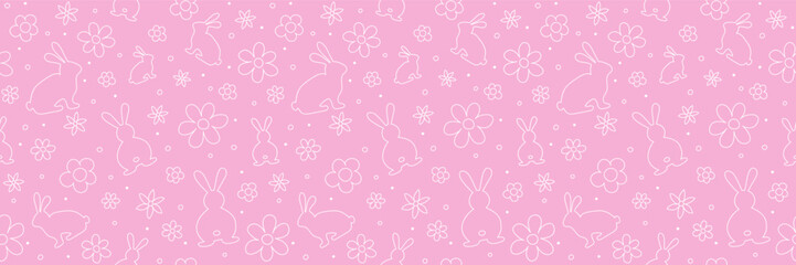 Seamless pattern with Easter bunnies and flowers in hand drawn style. Background for card, invitation and poster. Banner. Vector illustration