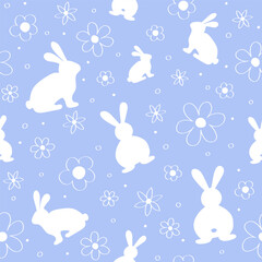 Easter seamless pattern with bunnies and flowers in hand drawn style. Minimalist design for card, invitation and poster. Vector illustration
