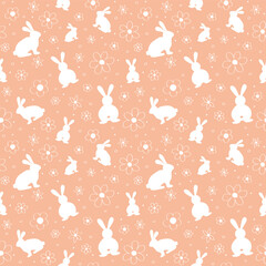 Cute and simple Easter background. Seamless pattern with hand drawn bunnies and flowers. Vector illustration