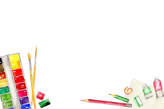 watercolor paint, brushes, pencil, sharpener, sketchbook drawn in watercolors