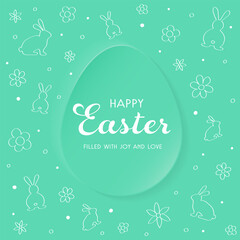 Easter greeting card with paper cut egg, hand drawn rabbits and flowers. Modern background. Vector illustration