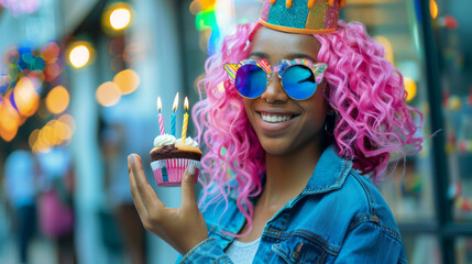 A jubilant woman with vibrant pink hair and a 'Happy' tiara holds a cupcake with candles.