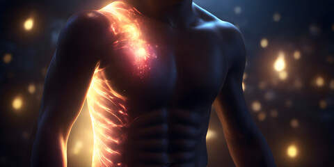 six pack torso of a man with the right half of it glowing