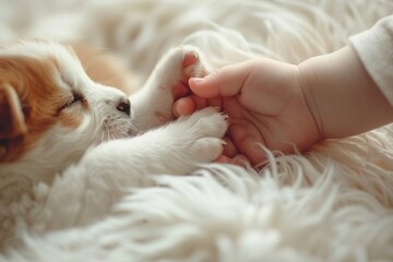 Baby hand and puppy paw touching, close view, innocence, soft focus
