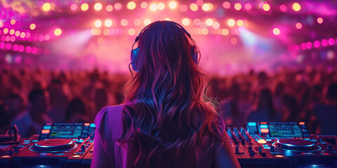 back of girl DJ in headphones mixing music on a DJ mixer console on booth in a nightclub at a night...