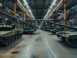 Fototapeta na wymiar Row of modern military tanks in a large industrial warehouse, showcasing defense manufacturing and military preparedness.