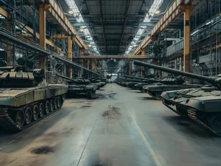 Foto op Plexiglas Row of modern military tanks in a large industrial warehouse, showcasing defense manufacturing and military preparedness. © cherezoff