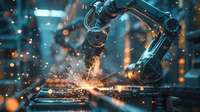 A photorealistic image of a robotic arm welding metal in a futuristic factory, with sparks flying and hot metal glowing
