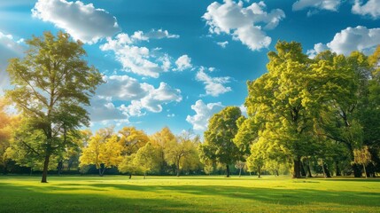 beautiful park with robust trees with a beautiful blue sky with clouds and a green meadow in high...