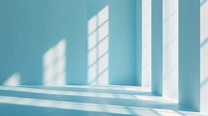 light blue studio background with window shade from the sun