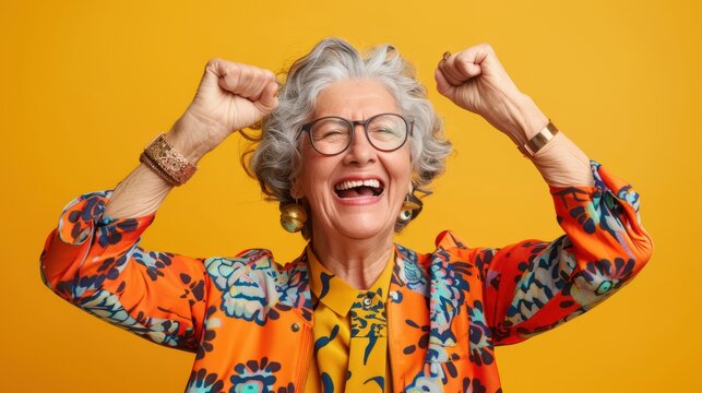An exuberant elderly lady with glasses and colorful attire cheers enthusiastically against a yellow background