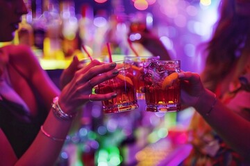 Close-up of female hands holding glasses with cocktails on blurred background