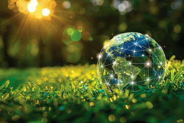 Digital network graphics superimposed on a lush grass background, symbolizing global connectivity and eco-technology.. - obrazy, fototapety, plakaty