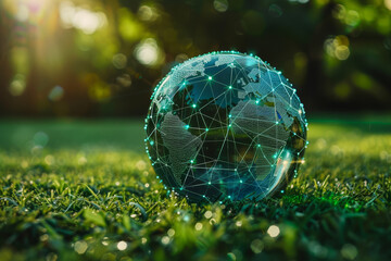 Digital network graphics superimposed on a lush grass background, symbolizing global connectivity and eco-technology. - obrazy, fototapety, plakaty