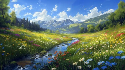 Colorful Alpine Meadow and Babbling Brook - obrazy, fototapety, plakaty