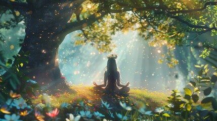 Illustration of a Sacred and Divine Meditation in the Earth Maiden Summer Style created with Generative AI Technology - obrazy, fototapety, plakaty