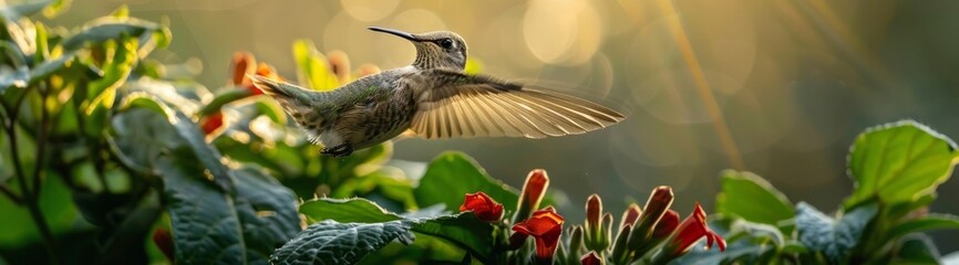 Hummingbird flying next to beautiful flower for sucking nectar from bloom in the forest. Tinny bird fly in jungle. Wildlife in tropic Costa Rica. - obrazy, fototapety, plakaty