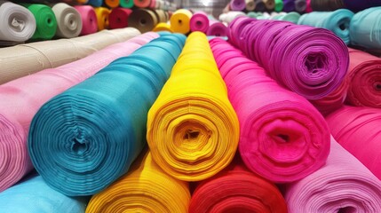 A vibrant assortment of fabric rolls stacked in a shop, showcasing a variety of colors and textiles for different sewing projects