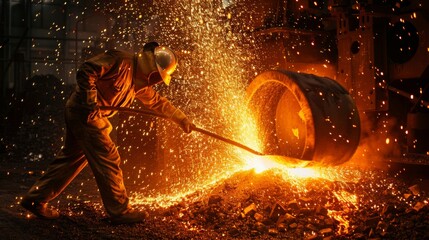 A foundry worker pouring molten metal from a giant ladle, creating a dramatic splash of sparks and light