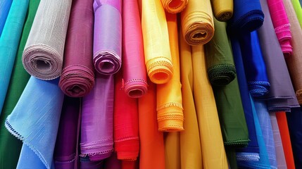 A vibrant and eye-catching array of fabric rolls neatly displayed, highlighting a spectrum of colors and textures shining under even lighting