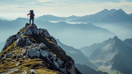 Mountain hiker on the top of a mountain, achievement success  - obrazy, fototapety, plakaty