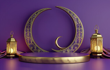 3d rendering of golden ramadan podium with lantern on purple background for product display presentation design, copy space concept, generative ai