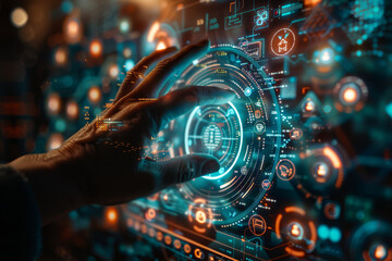 A hand appears to manage a complex digital network with glowing connections, illustrating concepts of cyber security and data management..