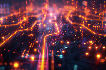 Close-up view of a vibrant circuit board with illuminated pathways representing high-speed data transfer and advanced technology..