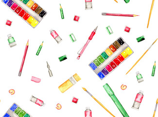 Set of watercolor paints with brushes, pencil, red sketchbook and tubes, with sheet of paper