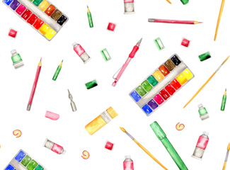 Set of watercolor paints with brushes, pencil, red sketchbook and tubes, with sheet of paper