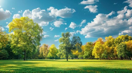 Beautiful park with robust trees with a beautiful blue sky with clouds and a green meadow in high resolution and high quality. concept parks, forest, meadow