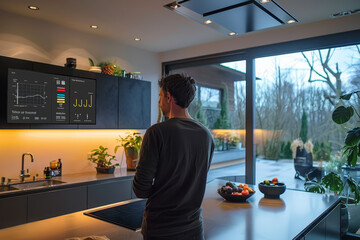 A person engages with an advanced smart kitchen dashboard, controlling various home functions for a seamless living experience.. - obrazy, fototapety, plakaty