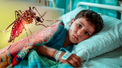 A mosquito transmits dengue, yellow fever, chikungunya, zika or malaria, leaving a child ill. They lie in a hospital bed with an IV as doctors monitor their viral condition from the mosquito-borne - obrazy, fototapety, plakaty
