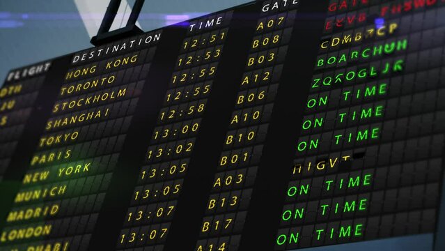 Airport departure board, changing flight details. Travel and journey concept. Flight cancelation, arrival time, flight to different cities. High quality 4k footage
