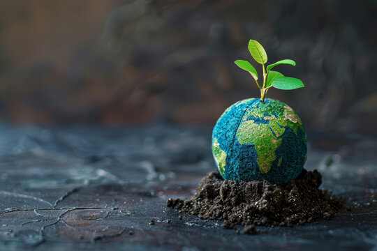 Conceptual image featuring a small, earth-like globe with a dense forest atop, representing a miniature world and environmental focus.