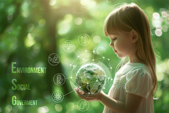 Hand holding global with icon sustainable. Business, natural green bokeh background,technology concept,alternative energy,conservative clean energy,ESG concept,Carbon credit,Carbon neutral.