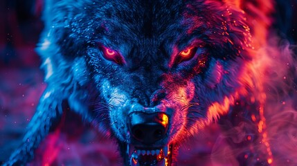 Mechanical wolf snarling, vibrant LED fur, close view, twilight ambiance - obrazy, fototapety, plakaty
