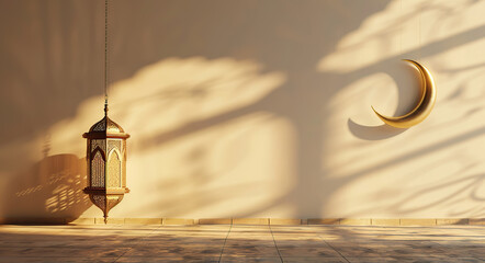 3d rendering of ramadan islamic background, with lantern and mosque on beige wall