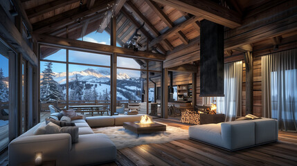 Modern charlet in the mountains with panoramic views and snow in the background