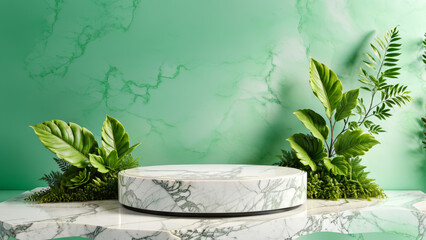 Green Marble Product Display Background, white marble stand display platform mock up, Stone podium, summer product stage presentation green pedestal plant rock leaf art abstract, marble pedestal