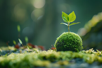 A young sapling emerges from a moss-covered sphere in a sunlit forest, symbolizing new growth and sustainability.. - obrazy, fototapety, plakaty
