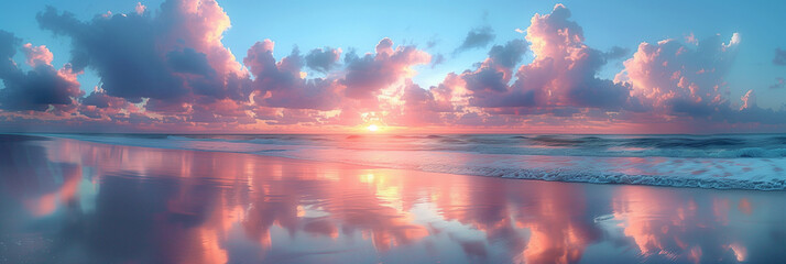 Serene Beach Sunset with Reflective Pastel Skies