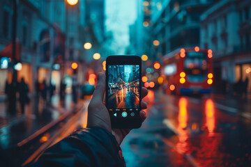 Fototapeta na wymiar Hands framing a vibrant city street at night with festive lights via a smartphone camera, capturing the urban glow..