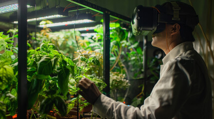 A focused professional inspecting plants while immersed in virtual reality inside a futuristic greenhouse setting