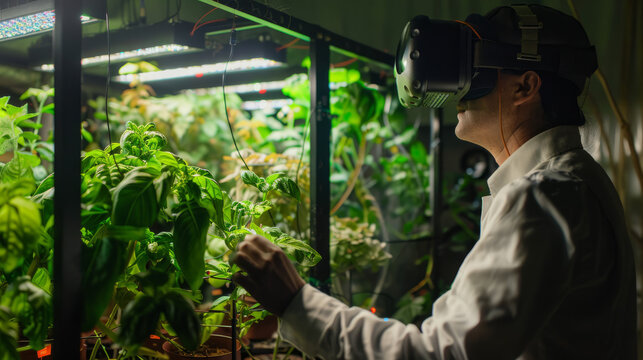 A focused professional inspecting plants while immersed in virtual reality inside a futuristic greenhouse setting